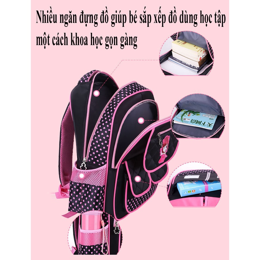 Balo chống gù hoạ tiết caro phối hình cô bé đáng yêu, balo đi học cho bé gái chống thấm nước