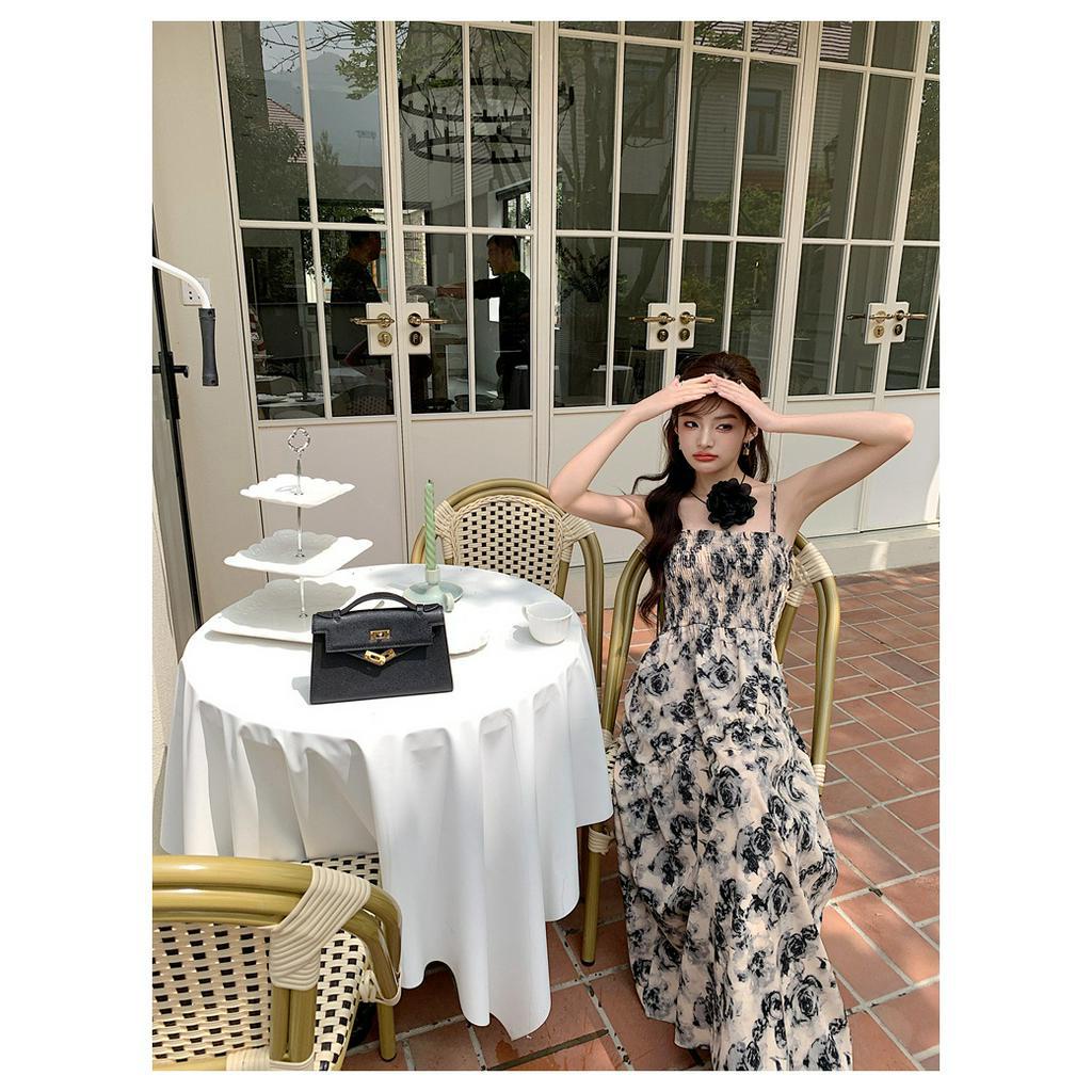 Đầm Hai Dây Cột Dây Eo Cao In Họa Tiết Hoa Hồng Phong Cách Pháp Cổ Điển Thời Trang Mùa Hè Kiểu Mới 62