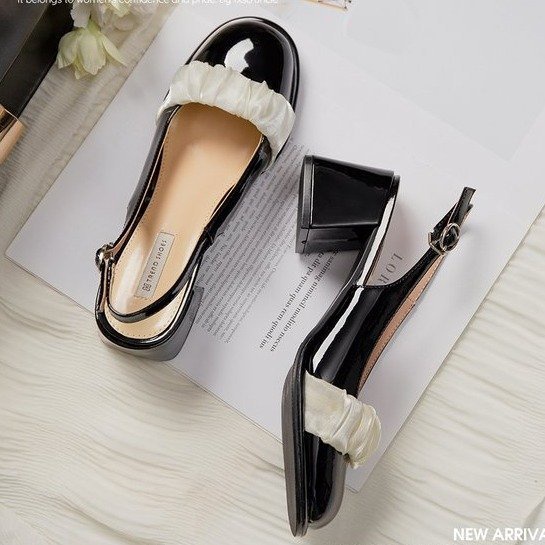 Giày nữ SlingBack gót vuông cao 5cm, mũi tròn đính dải voan trắng, dây cài sau gót tiểu thư, sang trọng, thanh lịch