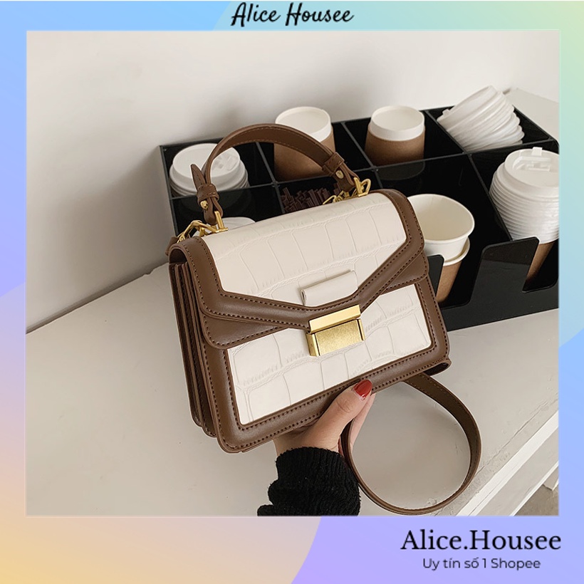 Túi xách nữ  đeo chéo đi chơi đẹp túi đeo vai khóa vuông chất liệu da vân cao cấp