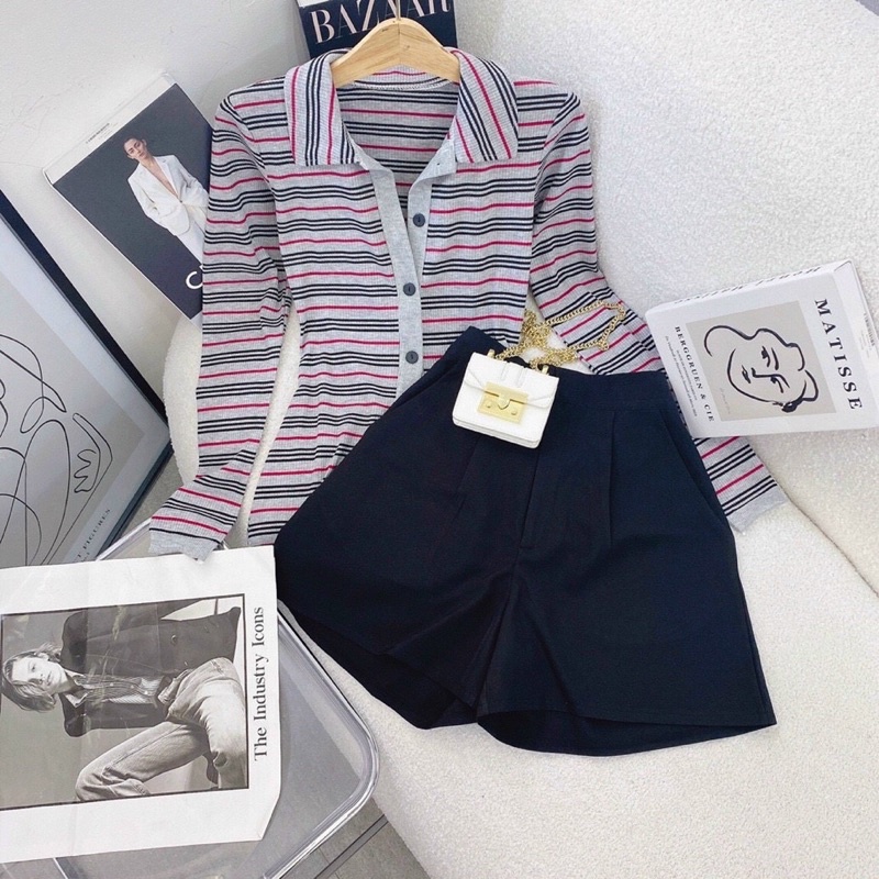 SET ÁO SỌC CỔ POLO CÀI NÚT + SHORT ĐEN