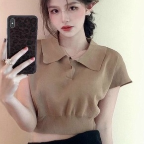 Áo Len Gân croptop cổ bẻ bo eo Quảng châu len gân tăm tay ngắn tôn dáng sành điệu