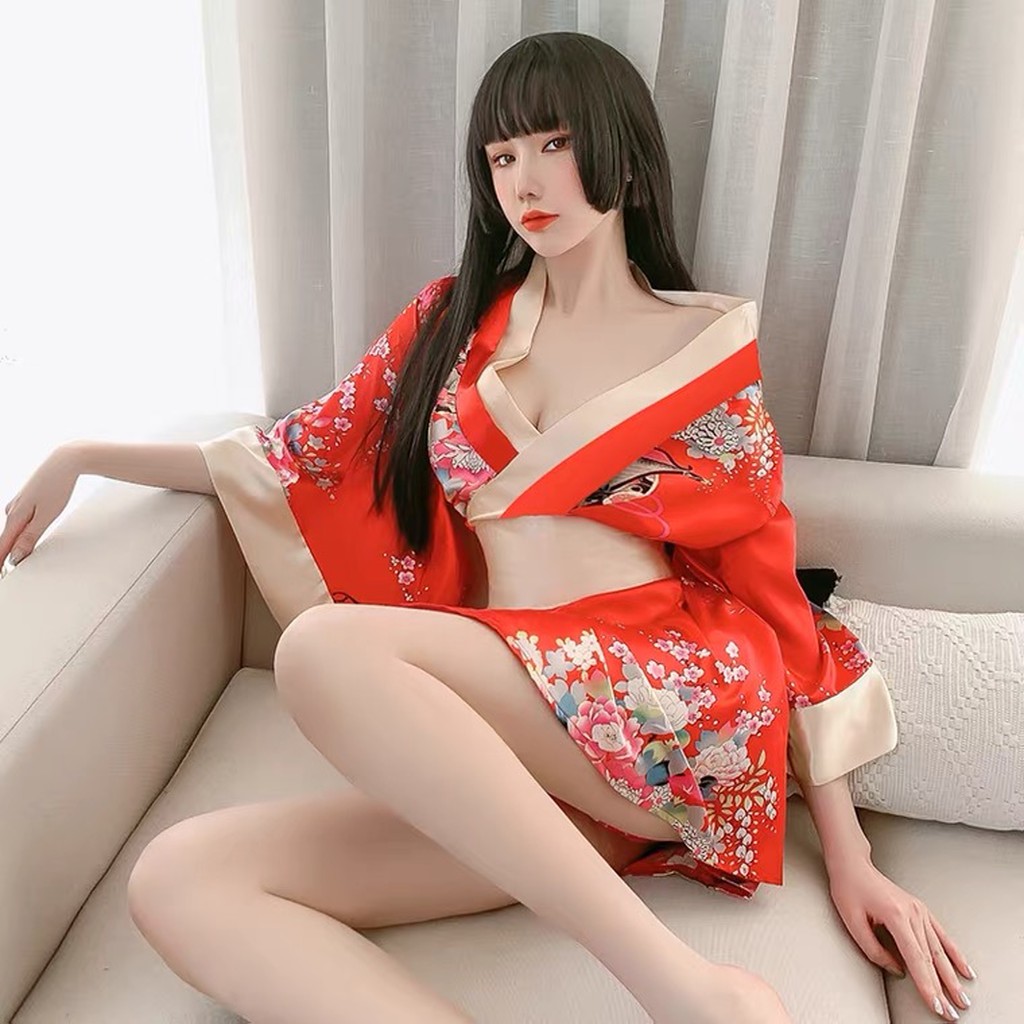 Đồ ngủ sexy gợi cảm áo choàng kimono thiếu nữ Nhật Bản hai màu đỏ đen 57
