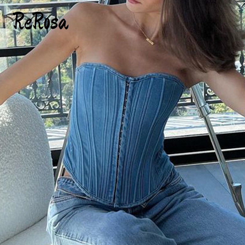 Rerosa Áo Denim Hai Dây Dáng Ôm Gợn Sóng Màu Trơn | BigBuy360 - bigbuy360.vn