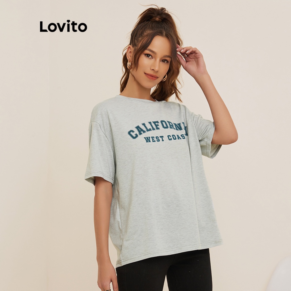 Áo thun Lovito họa tiết chữ cổ tròn phong cách thường ngày L19D235 (màu xám)