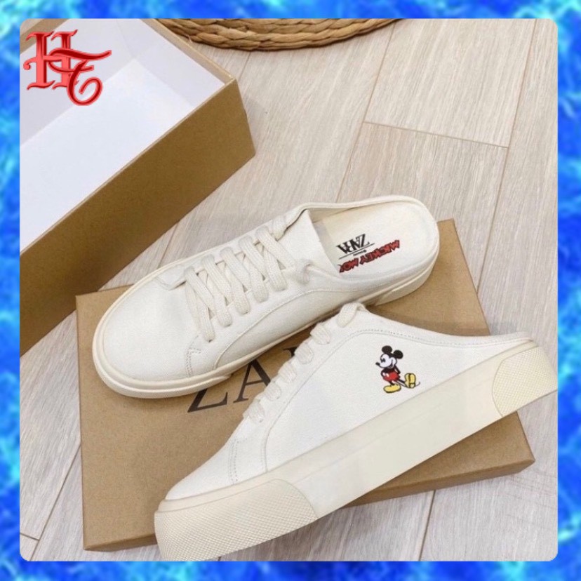 🌺[ Full Box + Bill ]🌺Giày Thể Thao nữ hở gót, sục mickey, giày đạp gót zara vải canvas in hình chuột mickey