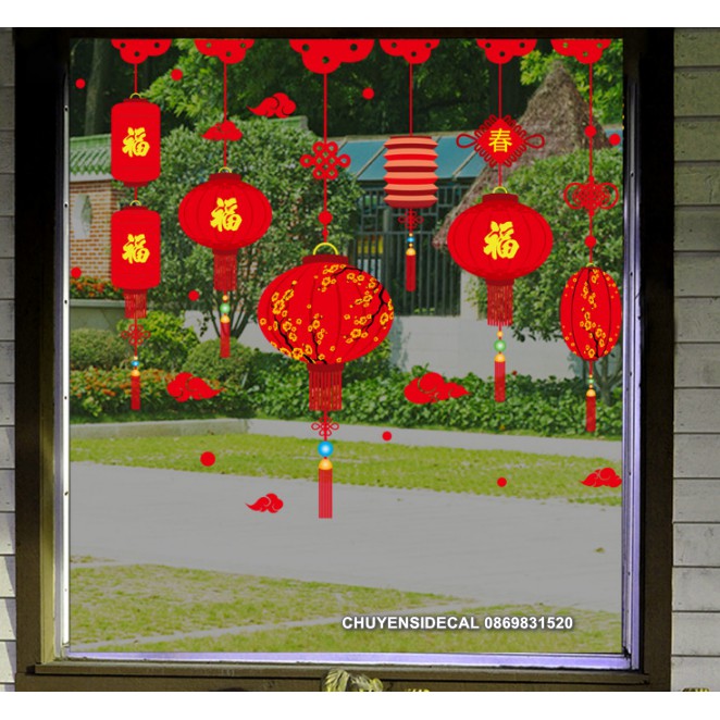 Decal trang trí Tết - Lồng đèn hoa sắc đỏ