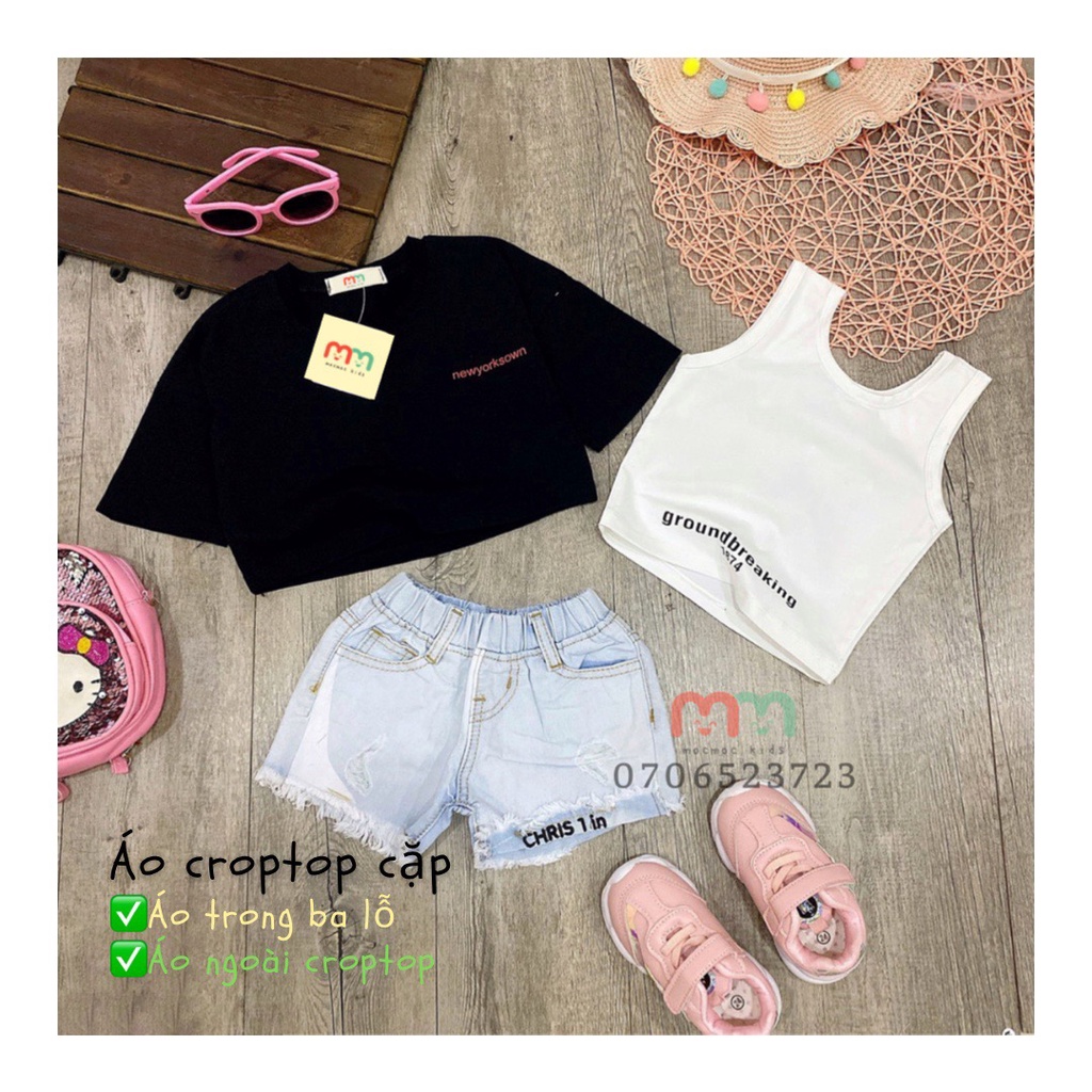 Áo croptop cho bé gái cá tính, 2 chi tiết ngắn ôm ba lỗ bên trong, ngoài croptop rộng thun cotton mềm cho bé 6- 15 tuổi
