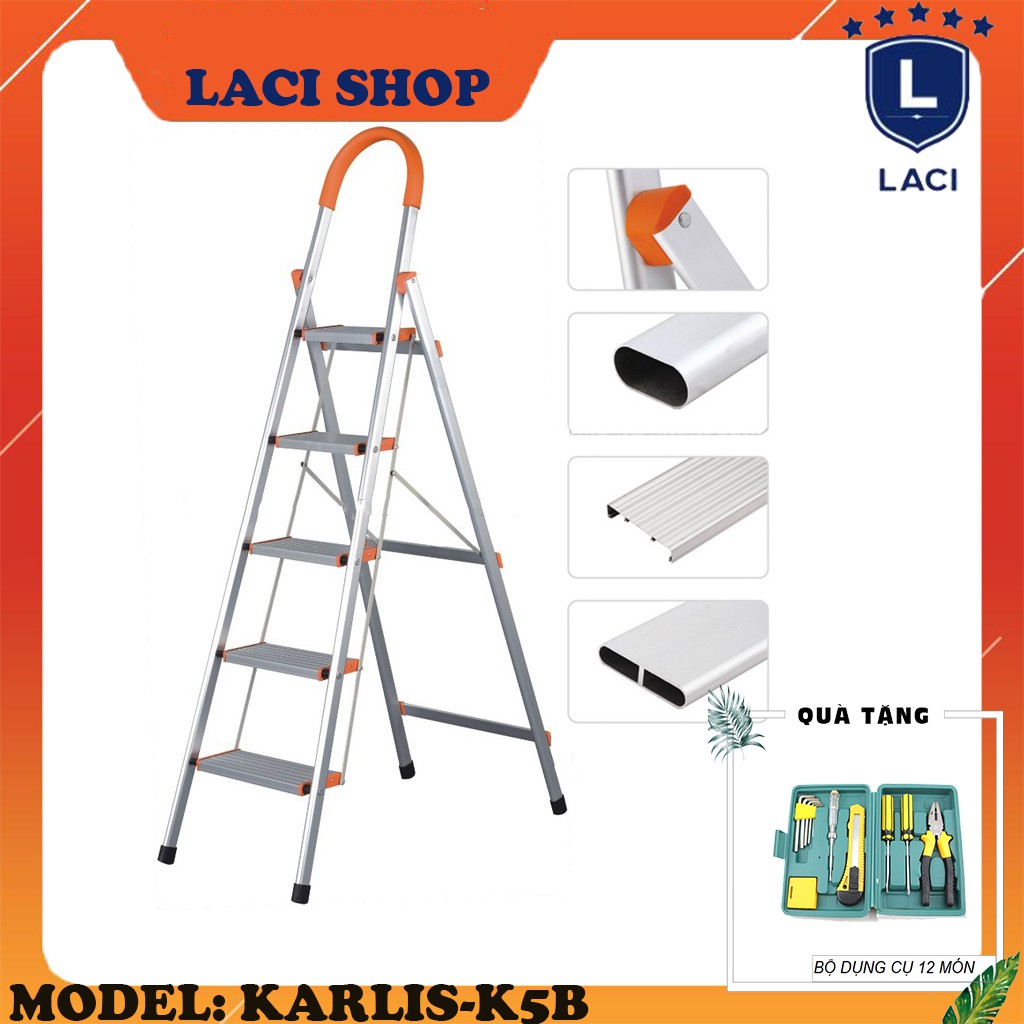 Thang Ghế Nhôm Xếp Gọn 5 Bậc Karlis K5B | Chiều Cao Tối Đa 1m6 | Chịu Tải 150Kg | Tặng Bộ Dụng Cụ 12 Món