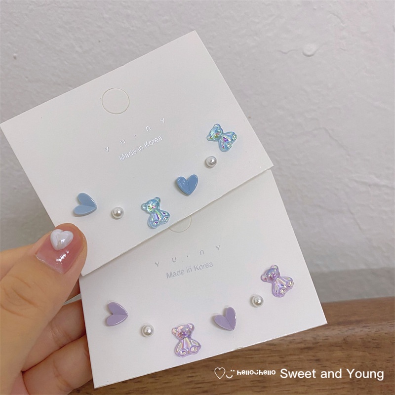 Set 3 Bông Tai Mạ Bạc 925 Hình Gấu Màu Sắc Cực Quang Dễ Thương Và Hạt Ngọc Trai Thời Trang Mùa Hè Cho Nữ