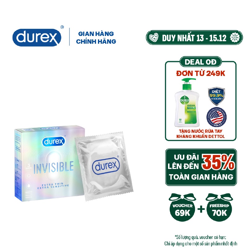 Bao cao su Durex Invisible Extra Thin Extra Sensitive 3 bao