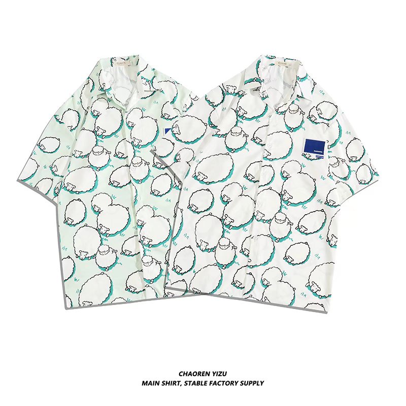 Short Sleeve Men's Shirt Printed Cartoon Sheep Korean Style Summer Fashion 2022