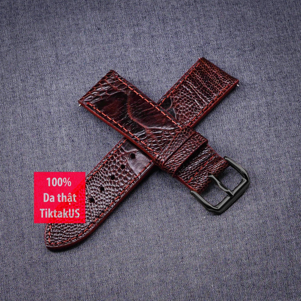 HCM]Dây đồng hồ nam da đà điểu thật khóa thép đen TiktakUs - Nhiều màu, Đủ size 18mm - 19mm - 20mm - 21mm - 22mm