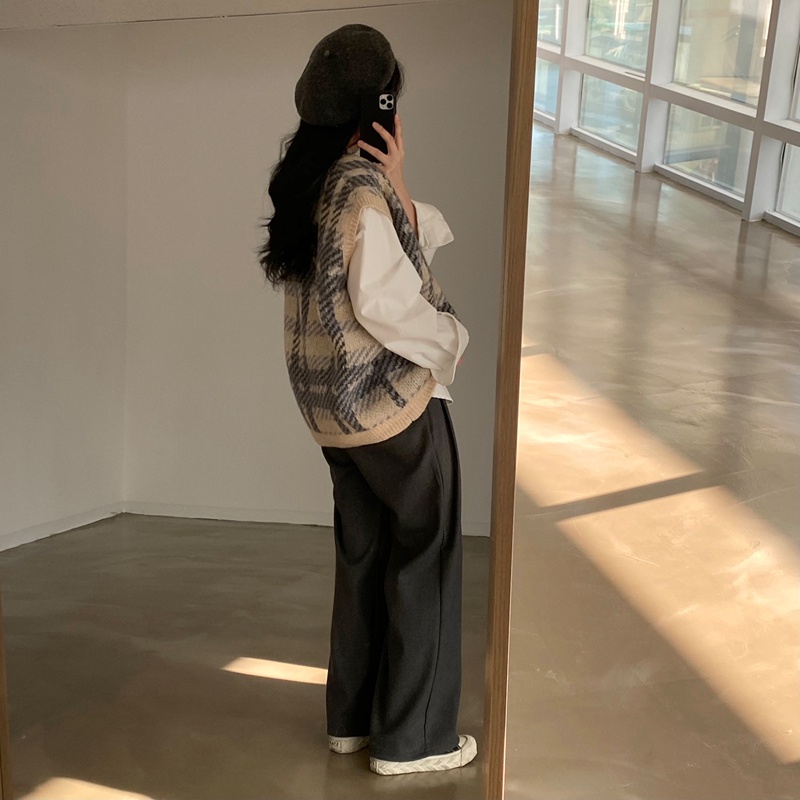 Áo Sweater không tay cổ chữ V form rộng họa tiết sọc caro thời trang mùa thu