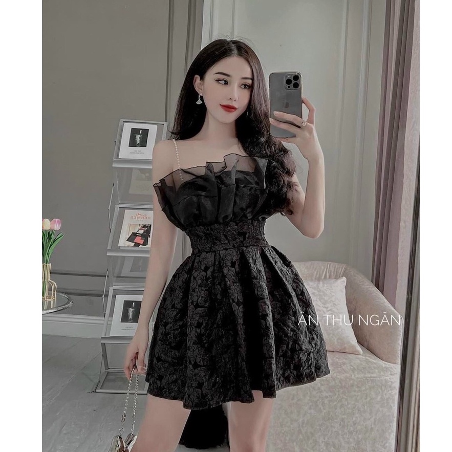 váy 2 dây thiết kế, váy 2 dây chất xốp phối vân 3d hoa ly cao cấp | BigBuy360 - bigbuy360.vn