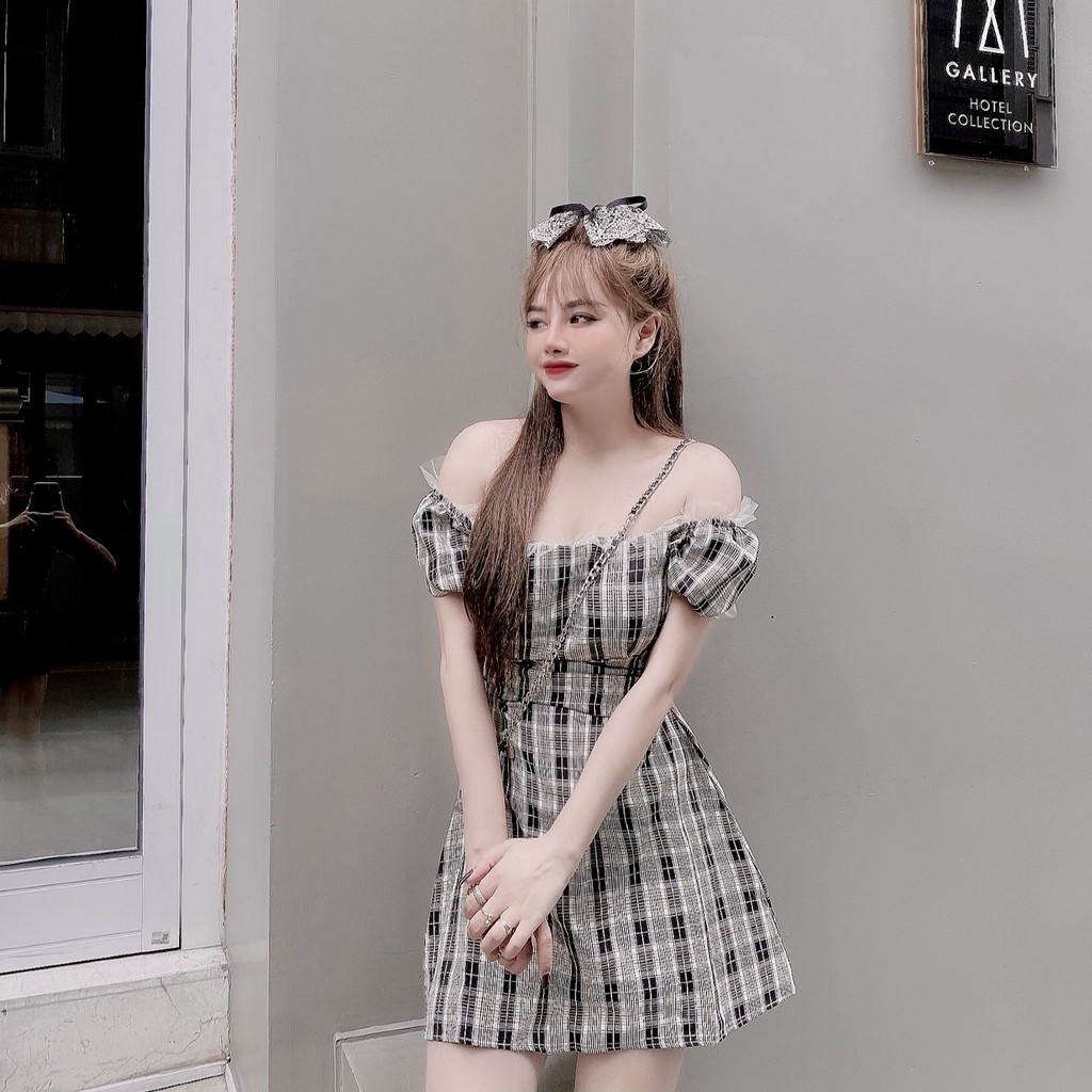 Váy Đầm kẻ caro trễ vai -mã A009-Thời trang thiết kế