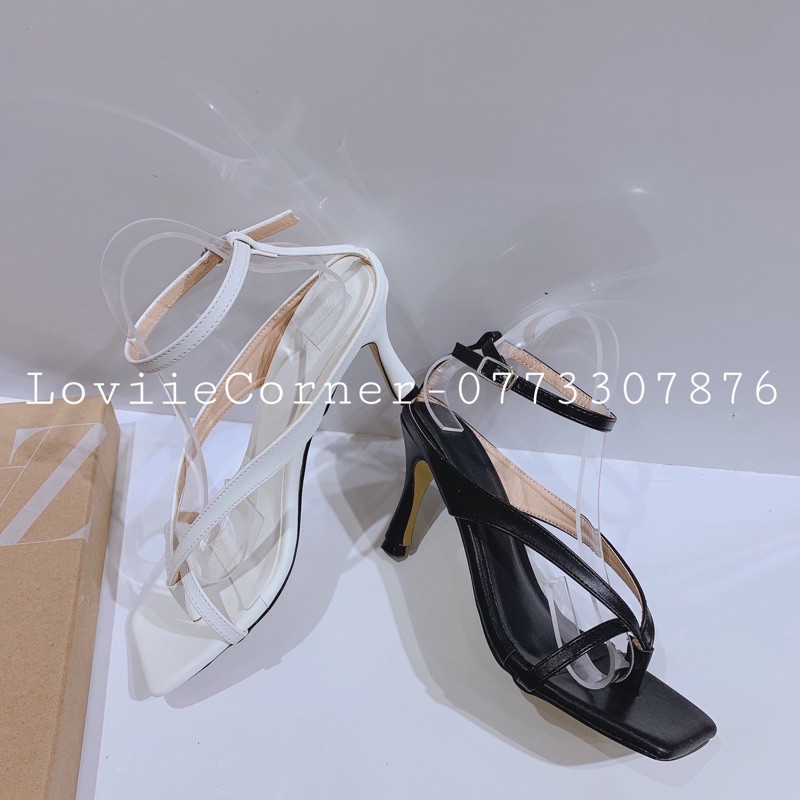 LOVIIECORNER - GIÀY SANDAL NỮ CAO GÓT THỜI TRANG QUAI MÃNH XỎ NGÓN CHÉO KIỂU ĐẾ NHỌN 9CM 2 MÀU ĐEN TRẮNG  LOVIIE G200522