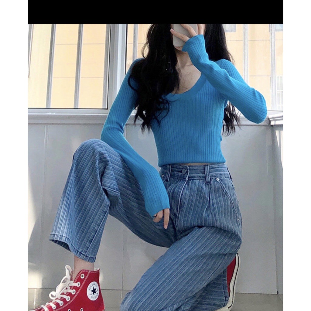 Quần jean ống suông kẻ sọc phong cách retro  thời trang | BigBuy360 - bigbuy360.vn