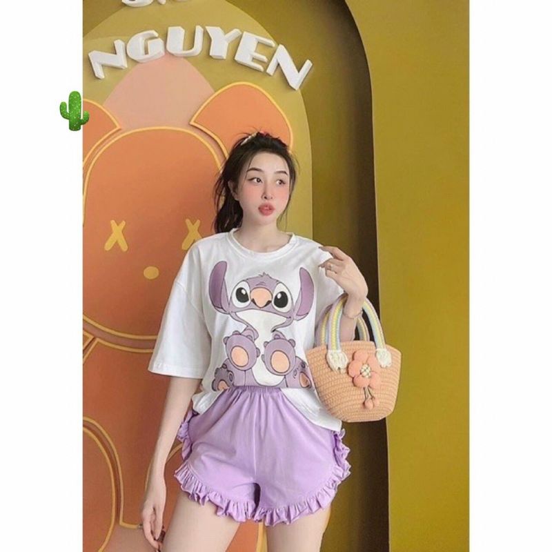 Sét bộ quần bèo TÍM kết hợp áo thun phôm rộng in hình PC
