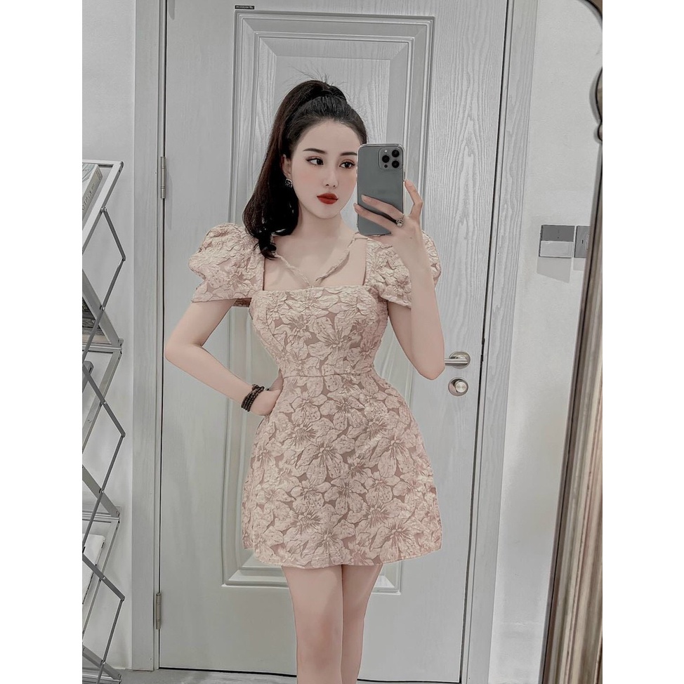 [8.8 Sales Freeship] Đầm tiểu thư, đầm gấm hoa cổ vuông tay phồng cột dây cổ, đầm gấm xốp nổi chữ A sang trọng