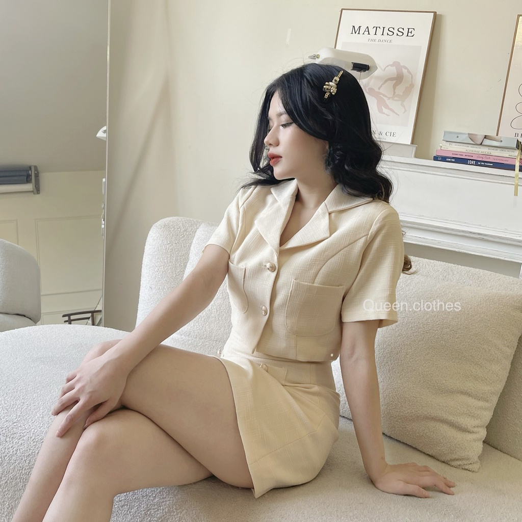 Set áo vest tay ngắn blazer croptop mix chân váy chữ A QUEEN CLOTHES chất linen bố gân có lót bên trong - LUNA SET QS001