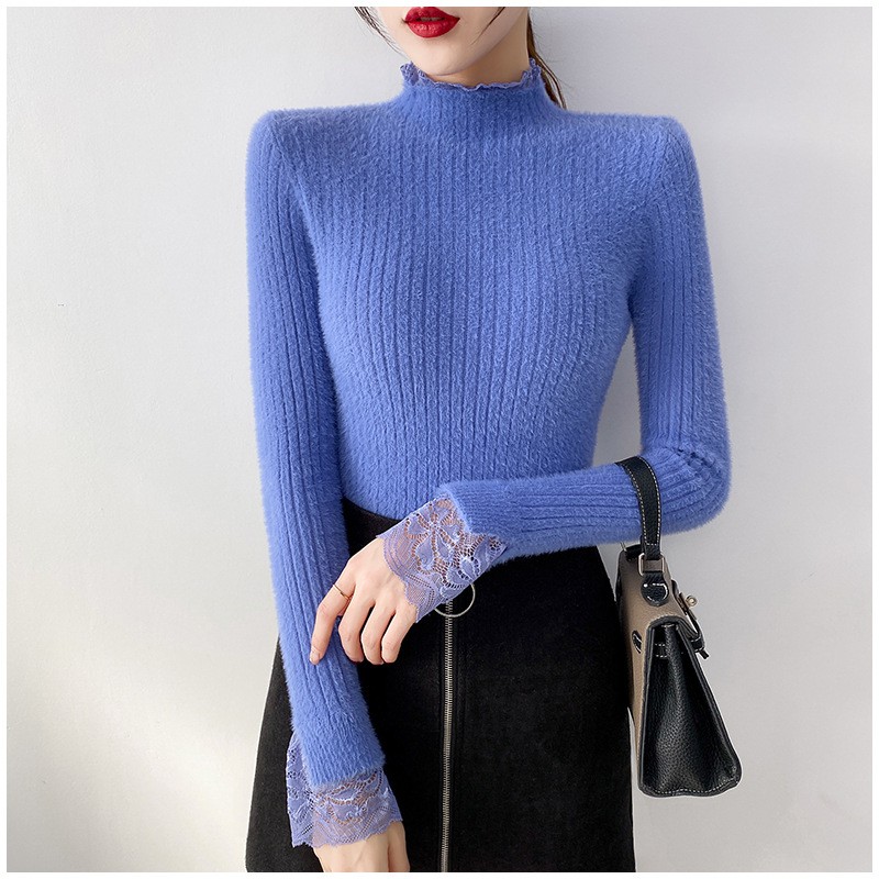 HÀNG NHẬP - ÁO LEN NỮ LÔNG MỀM CAO CỔ TAY PHỐI REN SIÊU XINH - DL57124 | BigBuy360 - bigbuy360.vn