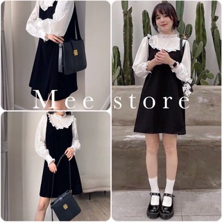 Váy Cổ Bèo Tay Bồng Nữ- Dáng Suông Ngắn Cổ Ren Phối Màu Đen Trắng Hàn Quốc Tiểu Thư