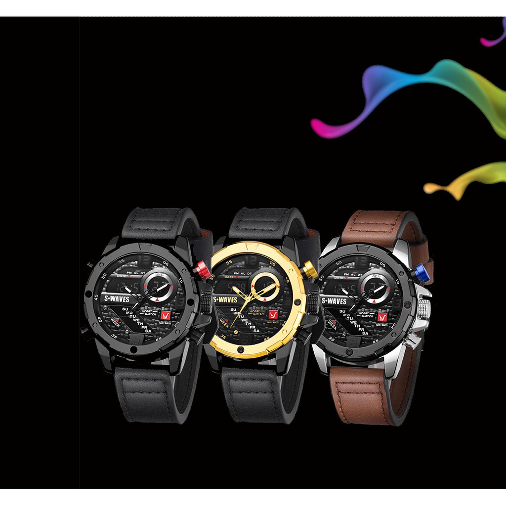 Đồng Hồ Nam Swave Thể Thao Nam Tính, Hiển Thị 2 Mặt Kim Điện Tử Song Song, Dây Da Mặt Kính Sapphire Cao Cấp | BigBuy360 - bigbuy360.vn