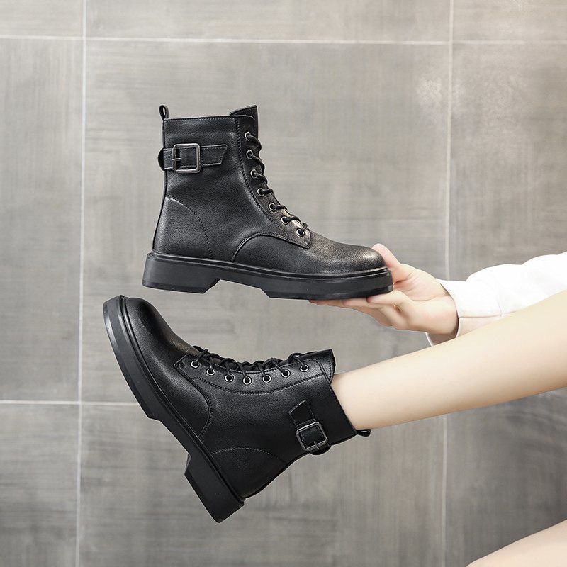 Boot nữ, bốt cao cổ da lì có đai cạnh độn đế ôm chân cực tôn dáng