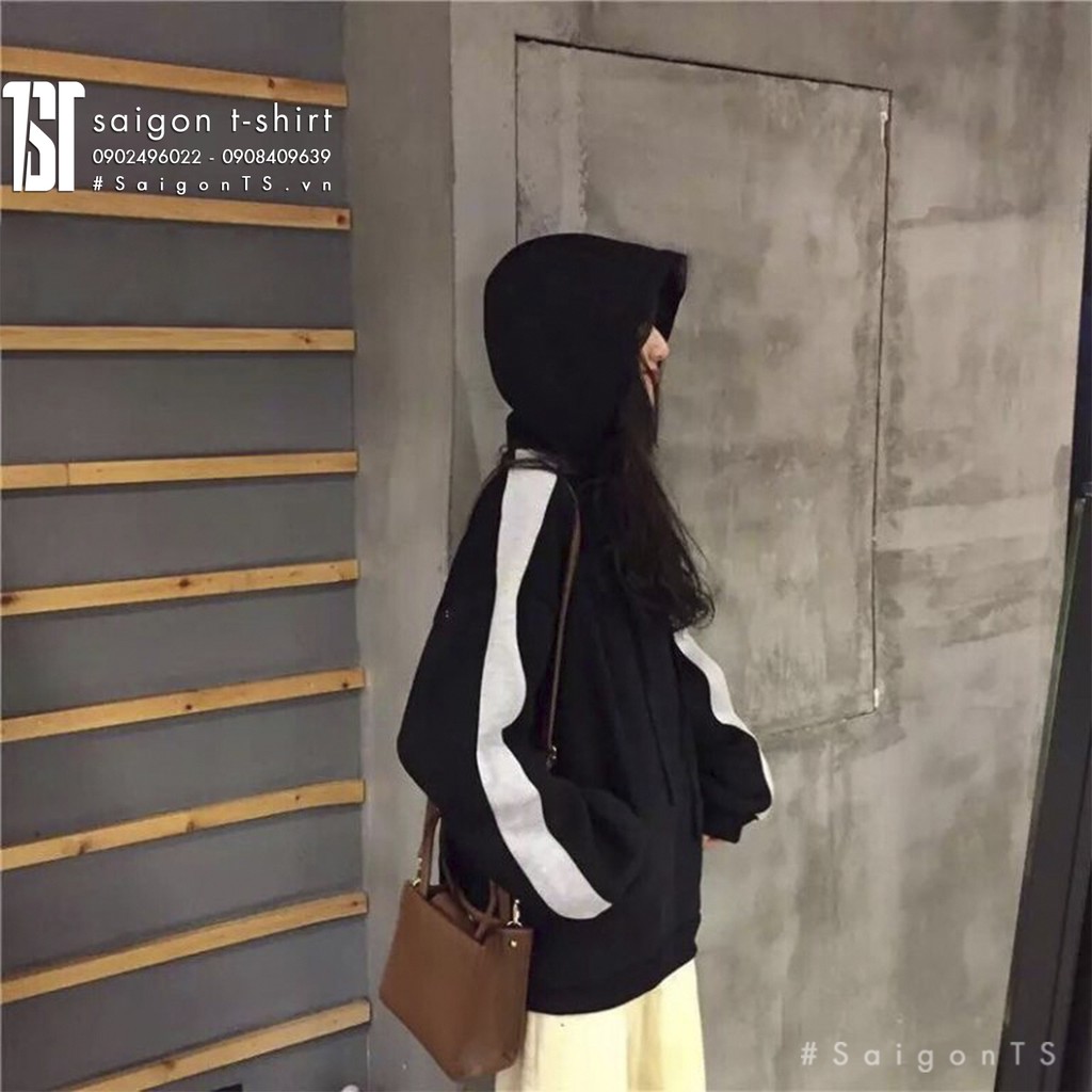 Hoodie trơn trắng đen-đen sọc trắng