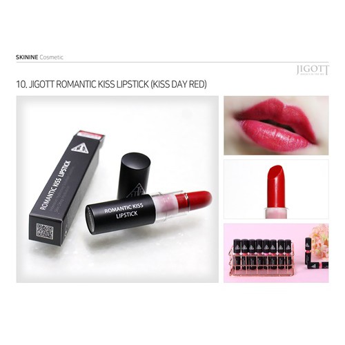 Son không chì lì mịn Hàn Quốc JIGOTT Romance Kiss Lipstick Số #10 màu đỏ Tươi Kiss Day Red 20g