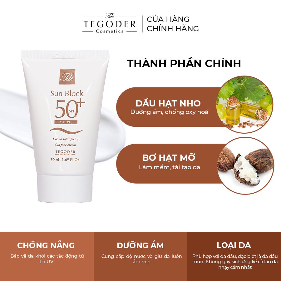 Kem chống nắng kiềm dầu và làm đều màu da SPF 50 + Tegoder TDC Sun block SPF 50 + oil free 50 ml mã 9836