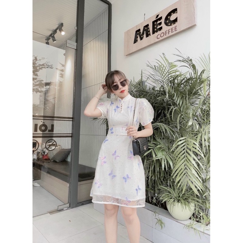 ĐẦM VOAN TRẮNG CỔ TÀU IN HÌNH BỨƠM TAY BỒNG KÈM ẢNH THẬT