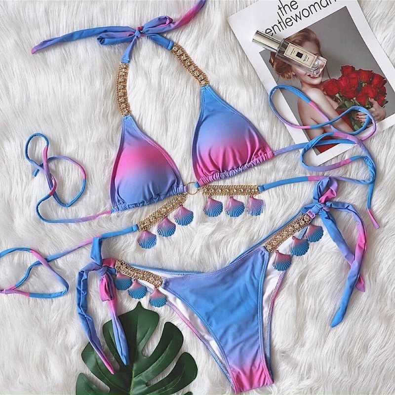 BIKINI CAO CẤP NHIỀU MÀU Đồ bơi 2 mảnh áo tam giác basic - quần chip sexy đính vỏ sò sành điệu 2022(có mút đệm)