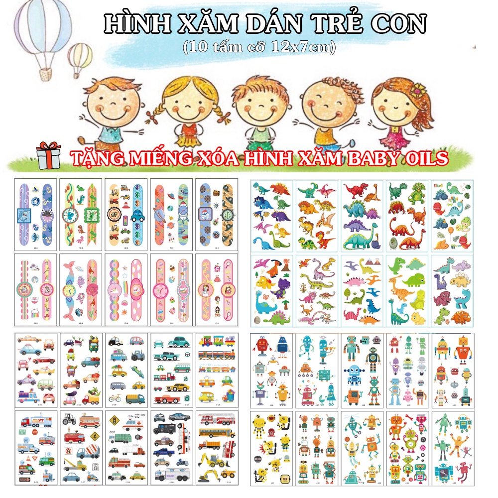 Set 10 Hình Xăm Dán Trẻ Con 7x12cm (Đồng Hồ, Robot, Khủng Long, Pony, Tiên Cá, Ô tô, Động Vật...)