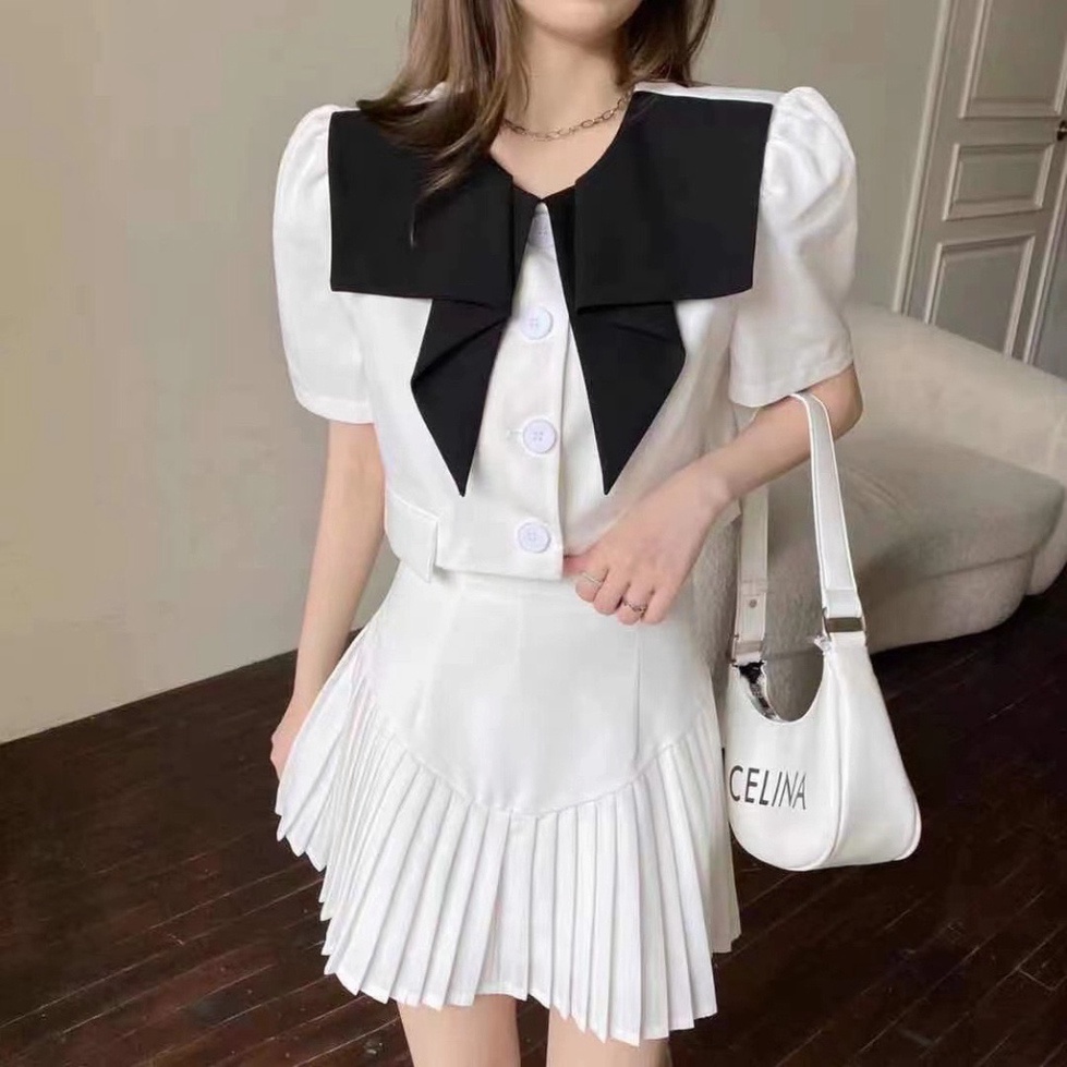 [HCM] Set bộ nữ, set bộ chân váy xếp ly áo kiểu cổ newtrend màu trắng đen SKUS-92