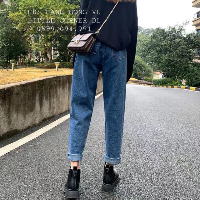 Quần jeans baggy lưng chun màu đậm ống suông 2 nút đôi ullzang kèm ảnh thật hàng sẵn