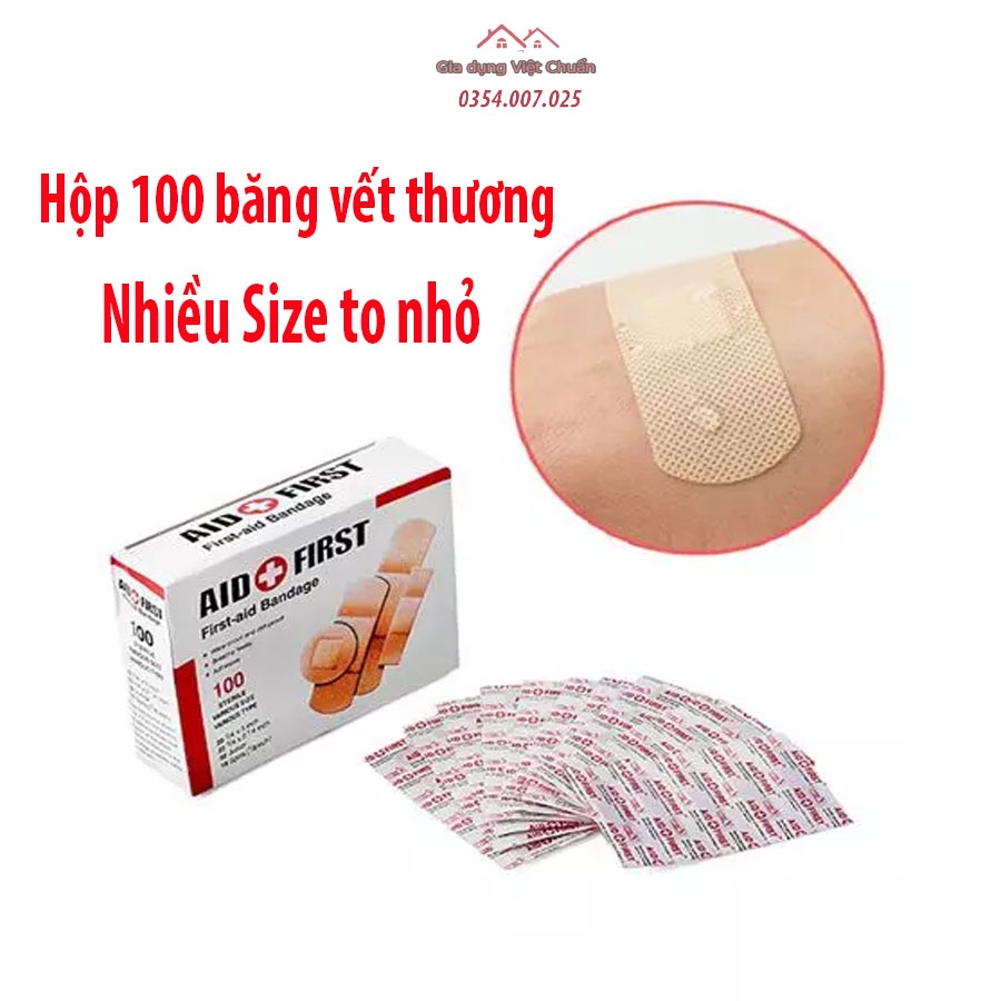 Băng gâu dán vết thương, hộp 100 chiếc, nhiều kích thước khác nhau, sử dụng tiện lợi GD194