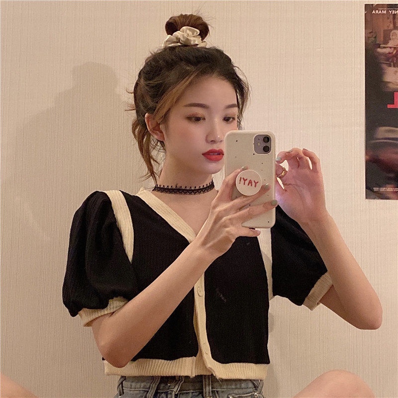 Áo Thun Dệt Kim Mỏng Tay Ngắn Cổ Chữ V Phối Màu Sắc Tương Phản Thời Trang Mùa Hè Cho Nữ