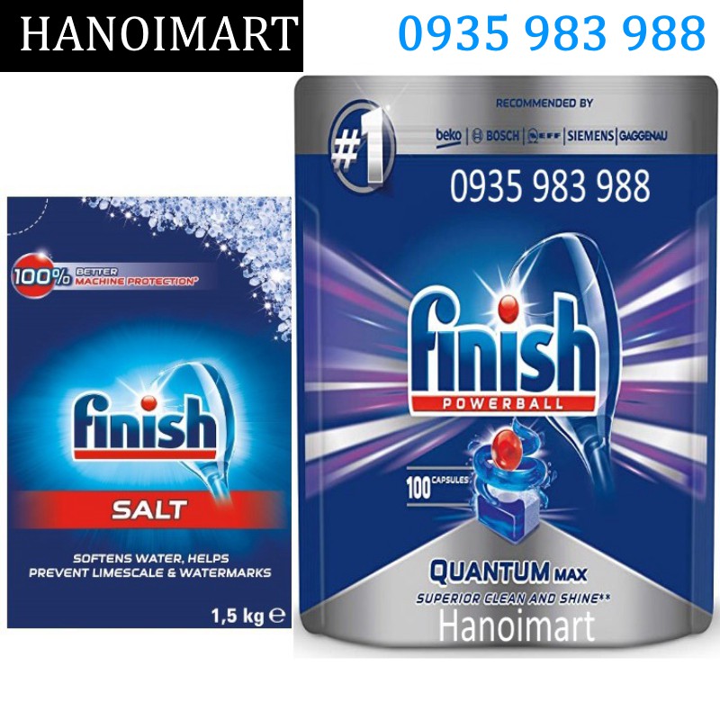 Combo 100 Viên rửa bát finish quantum max 14 in 1+Muối rửa bát finish 1.5kg - Hanoimart