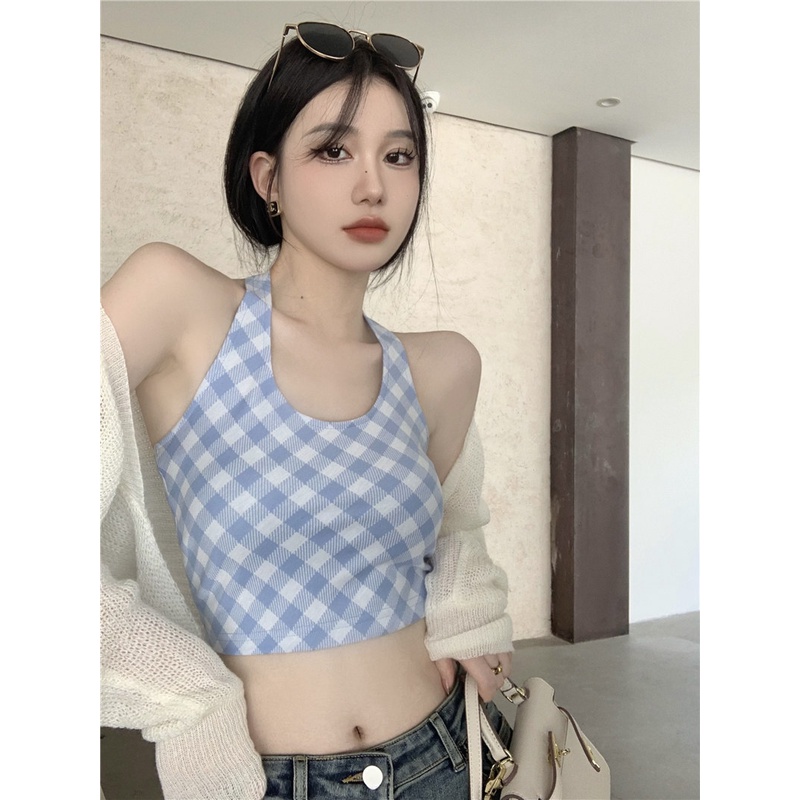 Áo hai dây Cổ Yếm Kẻ Sọc Caro Nhiều Màu Sắc Ngọt Ngào Kiểu Mỹ Cổ Điển