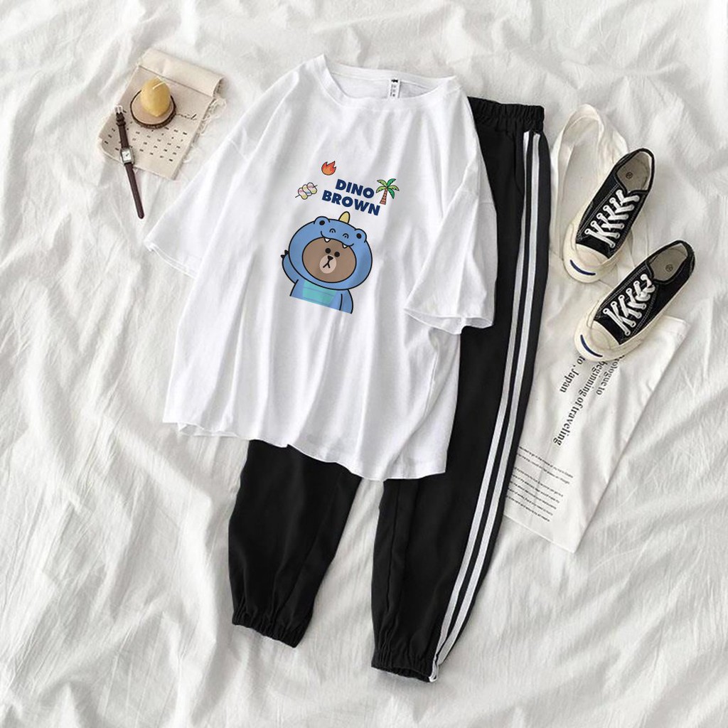 Bộ thể thao ️ /Set Quần Jogger Line Phối Áo Thun Tay Lỡ Dino Brown Unisex nam nữ - S1