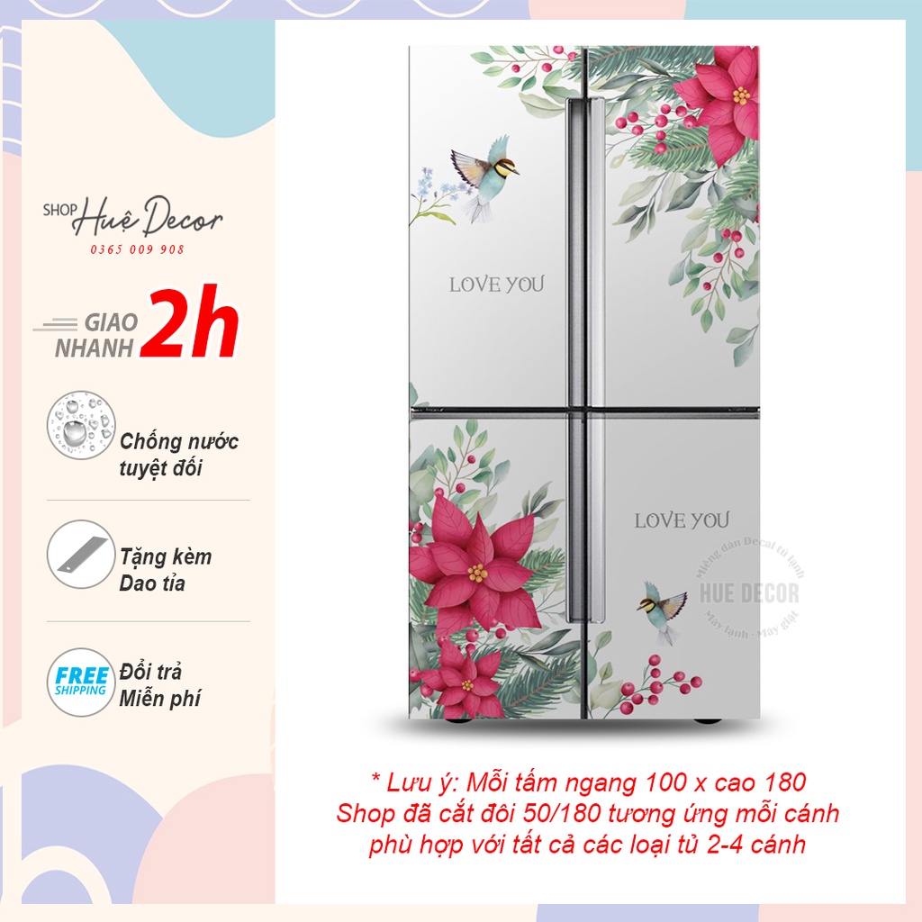 Decal dán tủ lạnh 2 cánh, 4 cánh hoa trạng nguyên hue decor, chống nước siêu bền, chất lượng, giá rẻ