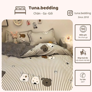 Bộ vỏ chăn ga gối - Hoạ tiết ba chú chó kẻ sọc, ga xám trơn - Chất liệu Poly - Đủ kích thước ga (Không bao gồm ruột)