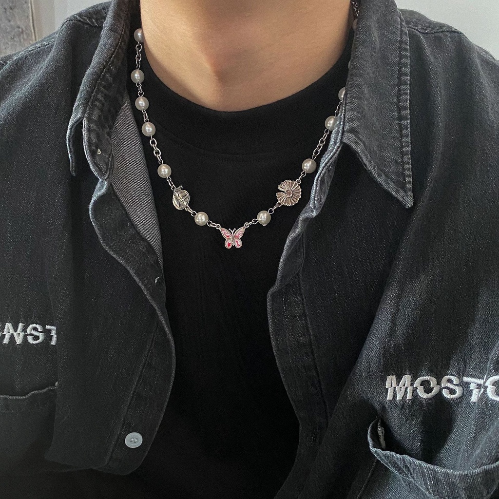 Dây Chuyền Hình Bướm Đính Ngọc Trai Phong Cách Hip Hop 19A1222 Thời Trang