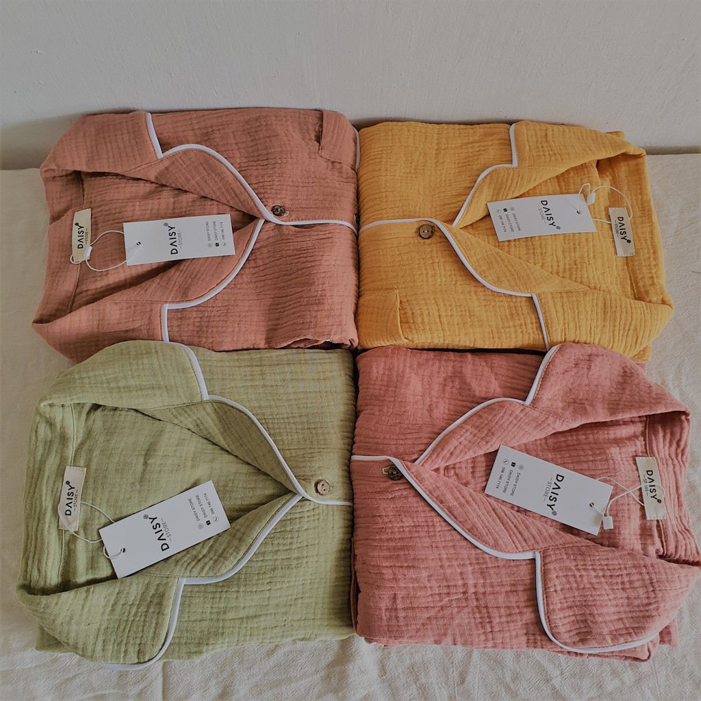 Pyjama mặc nhà đùi xô muslin trơn với bảng màu xinh Hàn