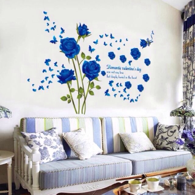 Decal dán tường hoa hồng xanh