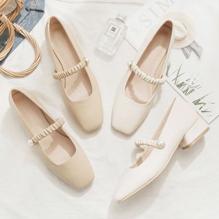 （ORDER) Giày vintage cài quai nhún đính hạt đế cao 3cm