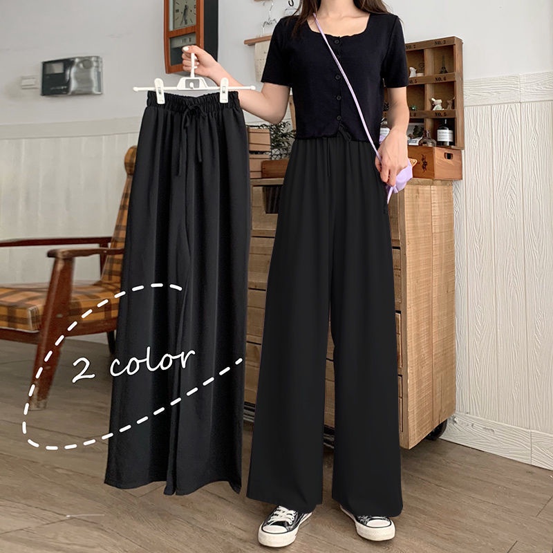 Quần Dài Ống Rộng Lưng Cao Màu Đen Thời Trang Mùa Hè Phong Cách Hàn Quốc Cho Nữ