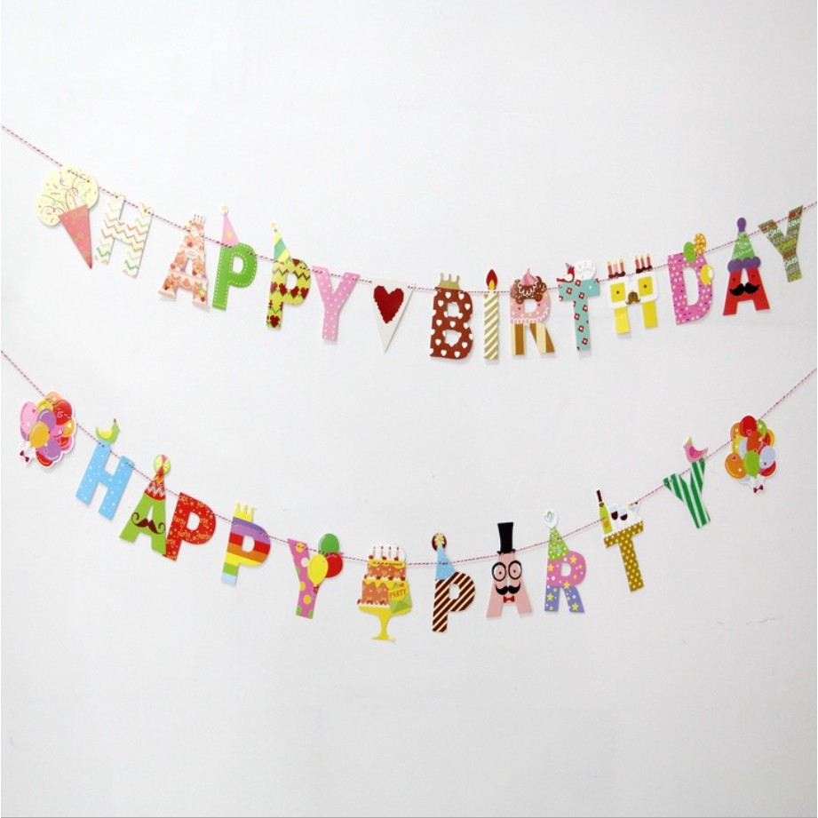 Dây treo trang trí sinh nhật bố cục phim hoạt hình -dài 3M, dây treo chữ Happy Birthday trang trí tiệc